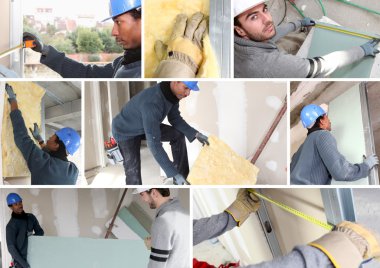 Montage of builders fitting insulation and plasterboard clipart