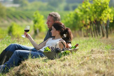 Couple tasting wine at a vineyard clipart