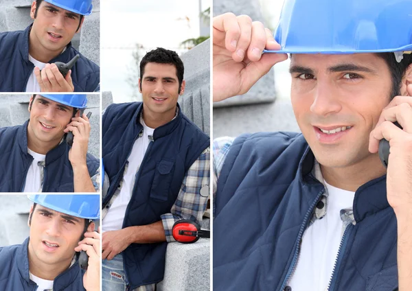 Montage of a construction worker with a walkie talkie — Stock Photo, Image