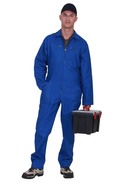 Man arriving at work with tool box — Stock Photo, Image