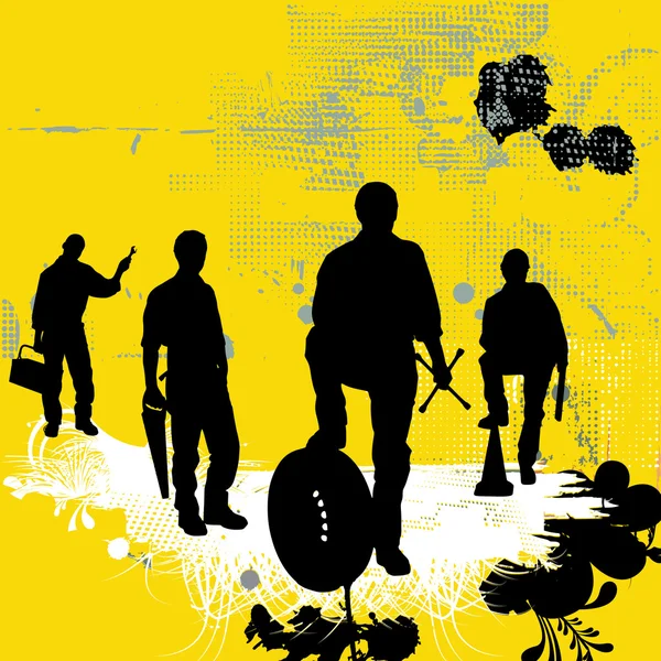 Черные силуэты мастеров на жёлтом фоне — стоковое фото