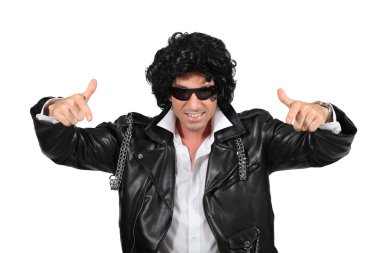 Man in a black wig and leather biker jacket clipart