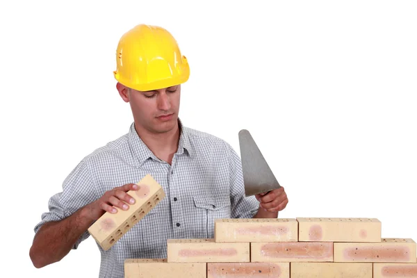 Mason making brick wall, studio shot — Stock Photo, Image
