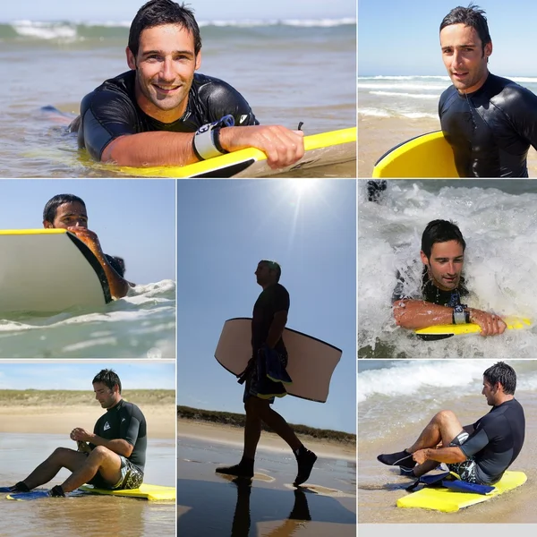 Collage van een man surfen — Stockfoto