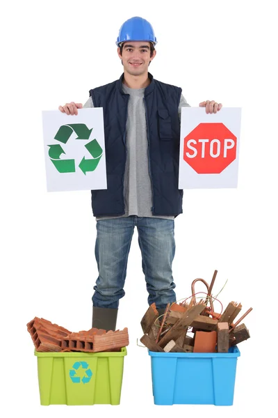 Builder with recyclable materials — Stock Photo, Image