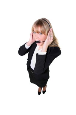 Full length shot of a suited woman wearing a telephone headset clipart