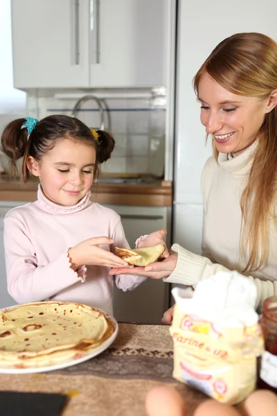 Mother and daughter eating pancakes — Stock Photo, Image