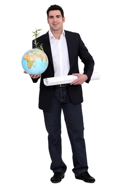 Homme avec globe et carte — Photo