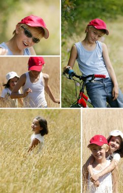 Two children playing in a wheat field clipart