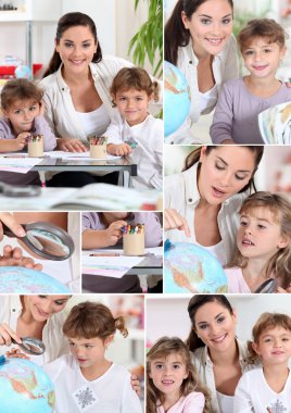 Baby-sitter and little girls doing homework clipart