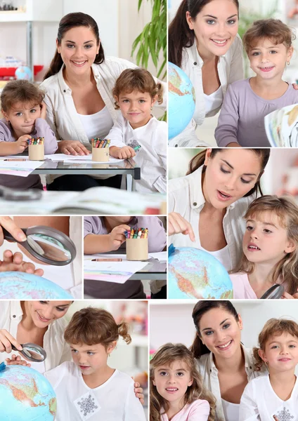 Baby-sitter et les petites filles qui font leurs devoirs — Photo