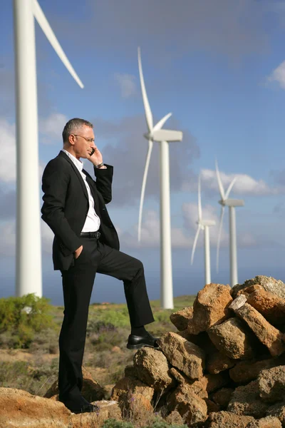 Businessman talking on his mobile phone by a row of wind turbines — Stock Photo, Image