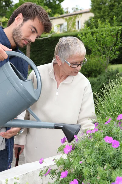 Sohn gießt die Blumen. — Stockfoto