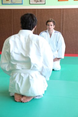 Men at the start of a judo match clipart