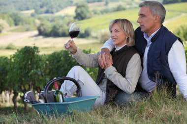 Man and woman tasting wine in a vineyard clipart