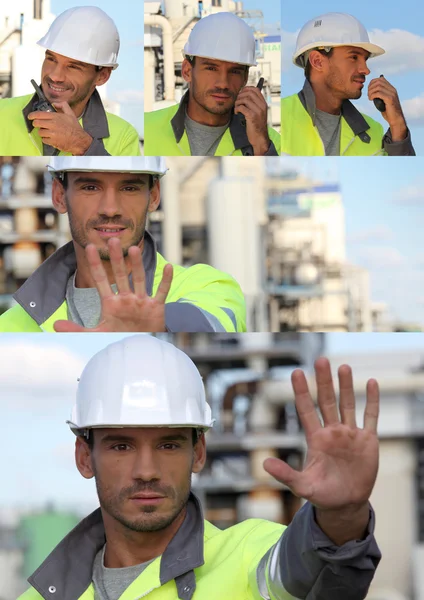 Stock image Mosaic craftsman talking walkie talkie and making a stop sign with his hand