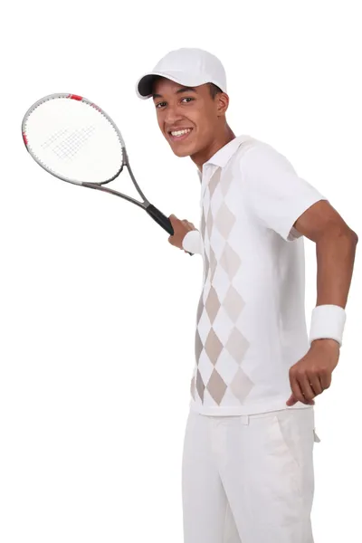 Jogador de tênis praticando tiro à frente — Fotografia de Stock