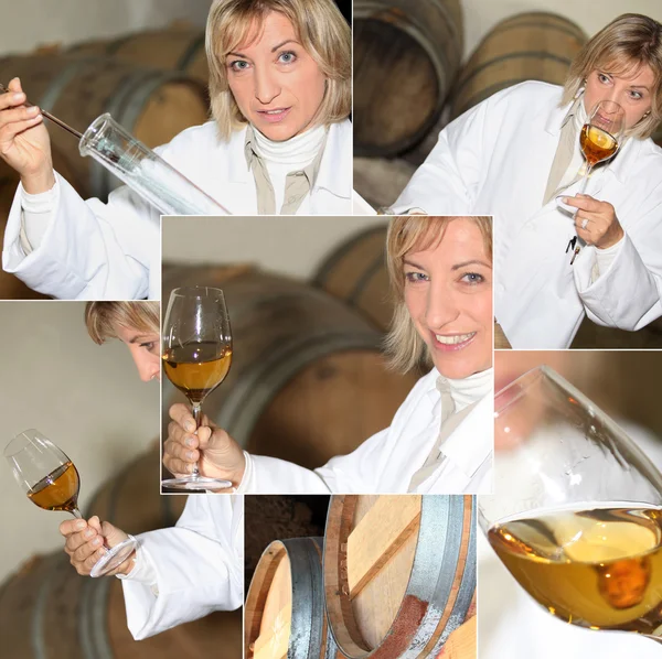 Produtor de vinho cheirando vinho em uma adega, fotomontagem — Fotografia de Stock