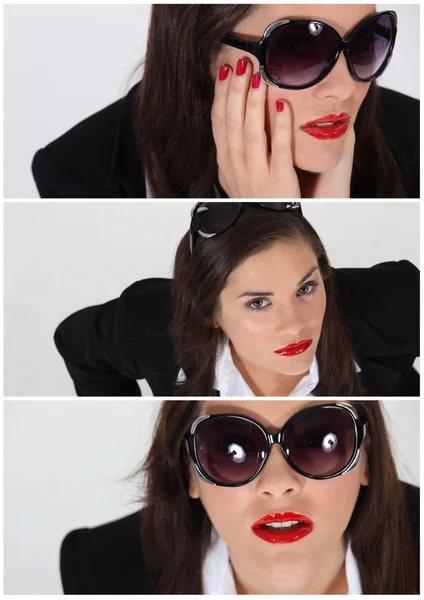Tripla foto di bruna che indossa un abito da lavoro e occhiali da sole — Foto Stock