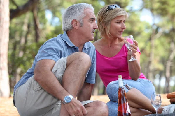 Una coppia di mezza età che fa un picnic in una pineta — Foto Stock