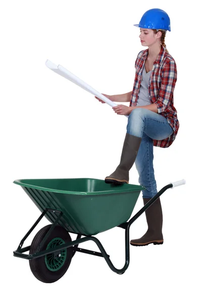 Craftswoman leaning on a wheelbarrow looking at a blueprint — Stock Photo, Image