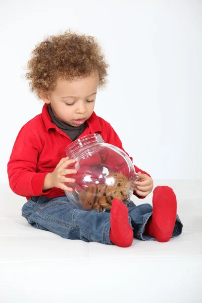 Little boy with recipient full of cookies — Stok fotoğraf