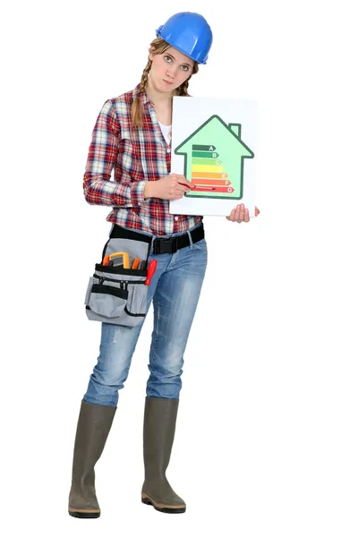 Trabajadora con logotipo de eficiencia energética — Foto de Stock