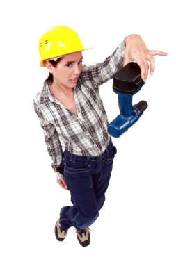 Confused woman holding drill clipart