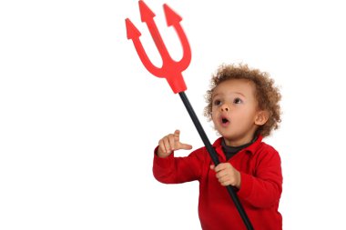 Young child holding up a devil's fork clipart