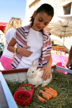 Woman petting a rabbit clipart