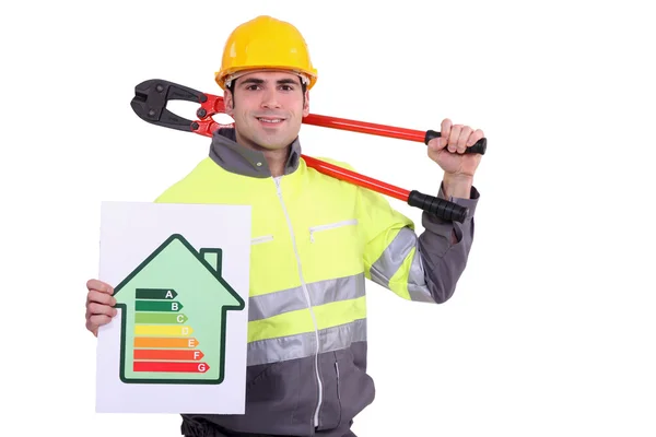 Trabalhador da construção com um certificado energético — Fotografia de Stock