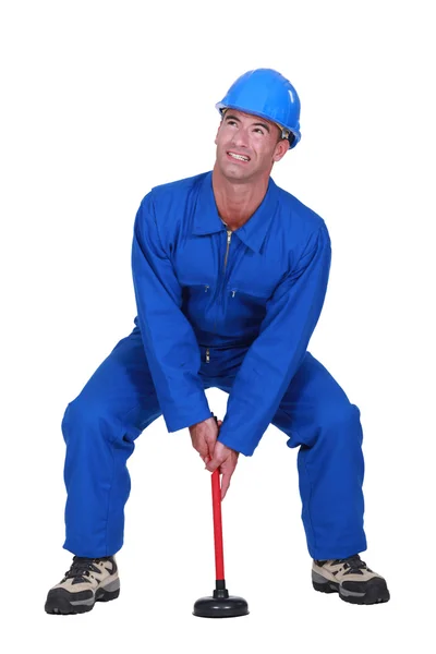 Plumber with plunger — Stock Photo, Image