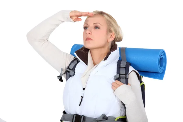 Blond woman about to go hiking — Stock Photo, Image