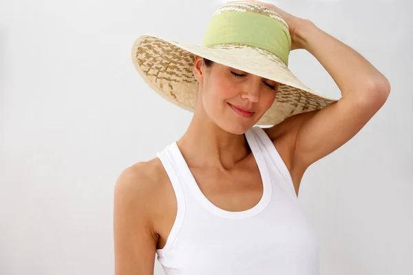 Brunette wearing straw hat — Stock Photo, Image