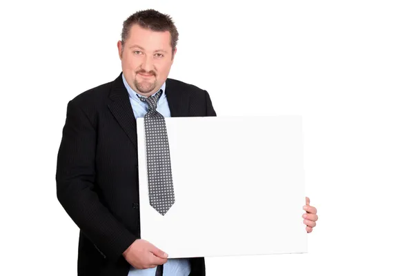 Vrolijke maar smerig zakenman met een bord leeg voor uw afbeelding — Stok fotoğraf