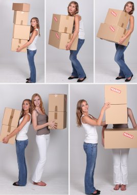 Collage of women on moving day clipart