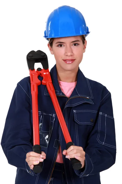 Women with pliers resting on the shoulder — Stock Photo, Image