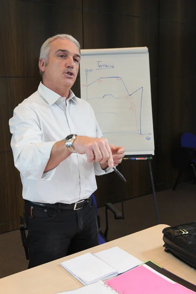 Man presenting findings on a flip chart — Stock Photo, Image