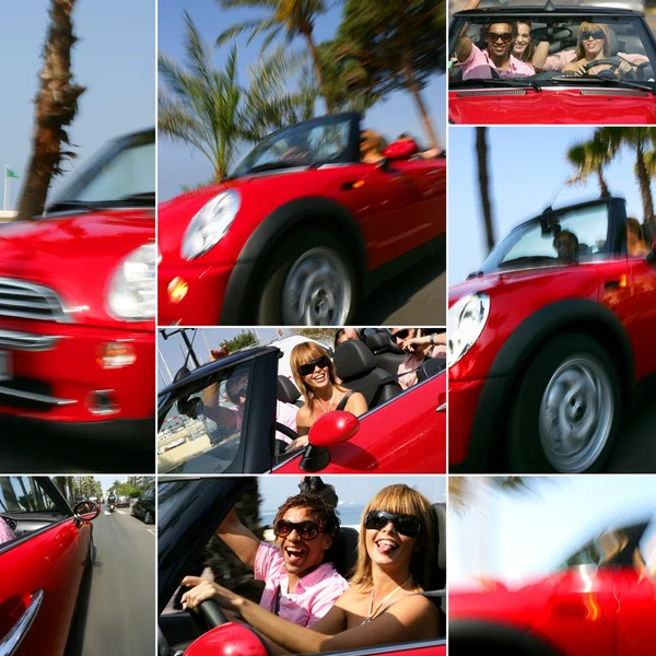 stock image A walk in a red convertible car on the coast