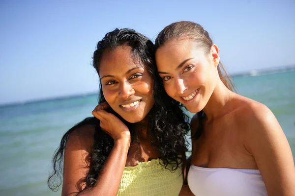 Två attraktiva kvinnliga vänner stod på stranden — Stockfoto