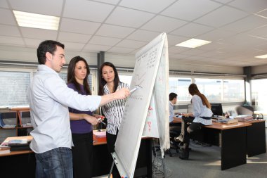 Office team looking a growth chart on a whiteboard clipart