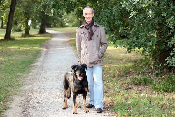 Hombre mayor paseando a su perro en el bosque — Foto de Stock