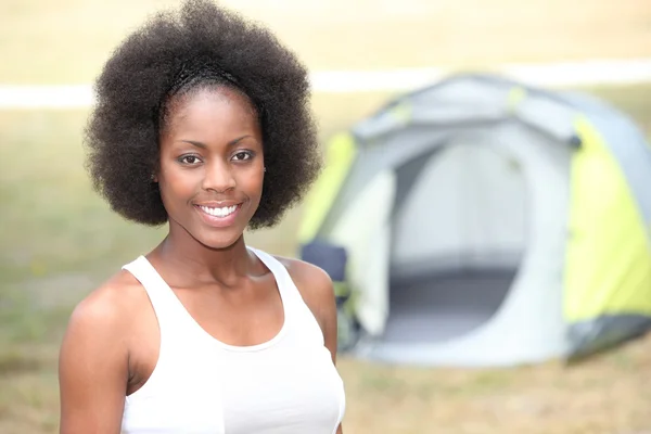Portrait of a woman with a tent — Stock Photo, Image