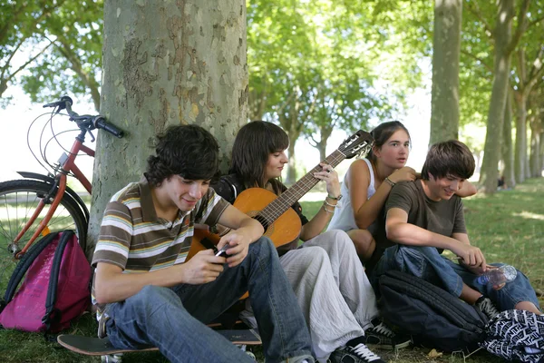 Grupa nastoletnich przyjaciół zebranych w parku — Zdjęcie stockowe