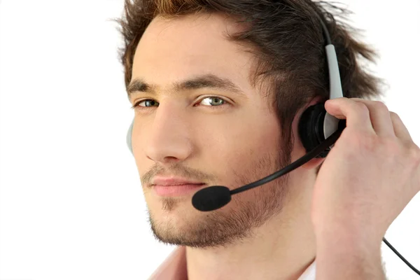 Man wearing telephone head-set — Stock Photo, Image