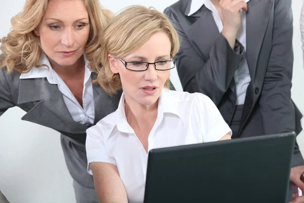 Slimme intelligente vrouwelijke ondernemers op zoek naar een laptop — Stockfoto