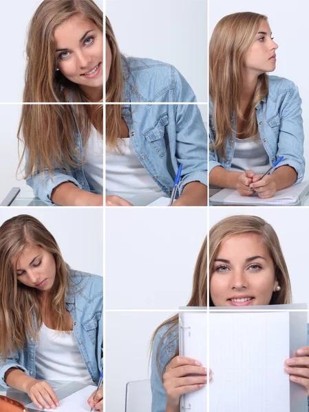 Collage av en blond tjej som arbetar på hennes skrivbord — Stockfoto
