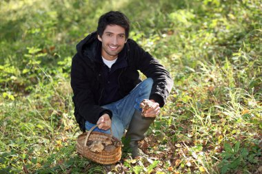 Young man picking wild mushrooms clipart