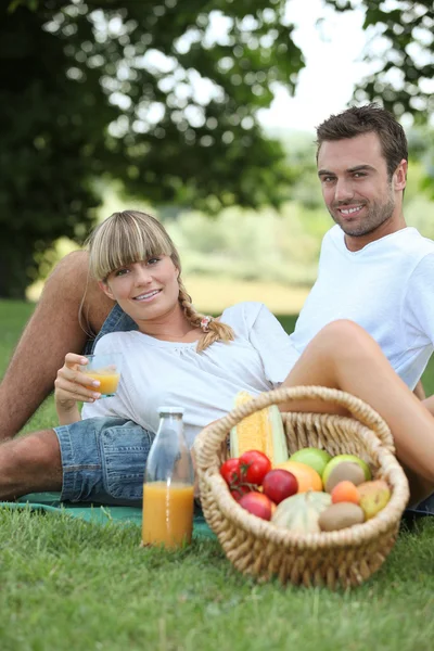 Paar met picknick in het park — Stockfoto