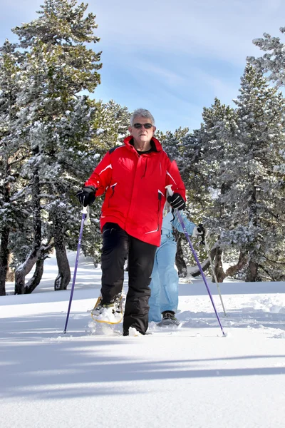 Bejaarde echtpaar skiën — Stockfoto